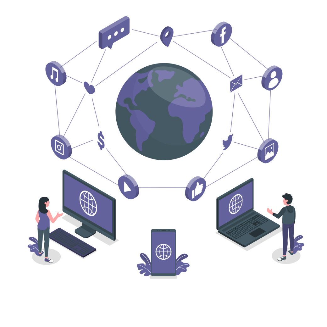 パソコン、人、ネットワークのイラスト